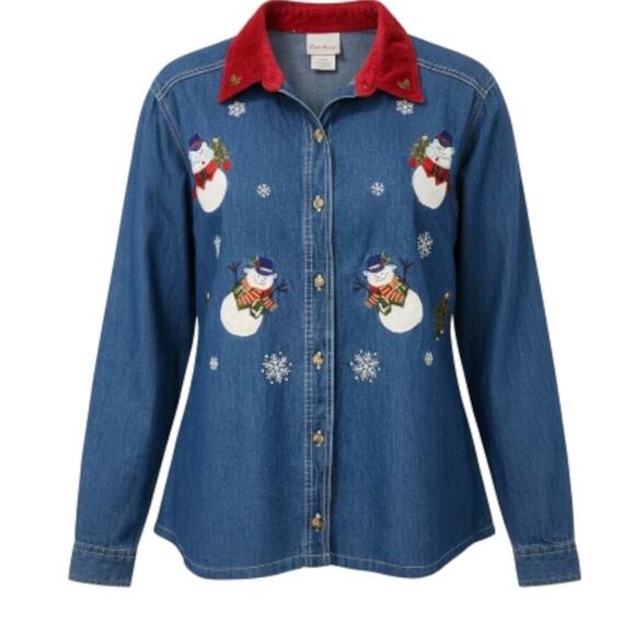 VTG 90S CHRISTMAS SHIRT DENIM EMBROIDERED SNOWMAN VELVET COLLAR GRANDMACORE SZ M - Picture 9 of 9